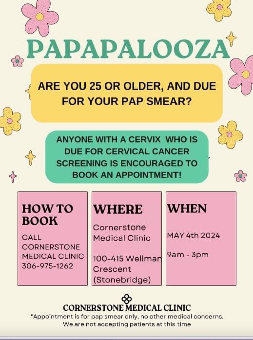 📣 Folks in the Saskatoon area 📣
Do you have a cervix but no family doctor? The amazing docs at Cornerstone Medical Clinic are hosting a fantastic initiative to ensure that you don’t miss out on super important cancer screening. Booking info in the poster below 👇🏼
