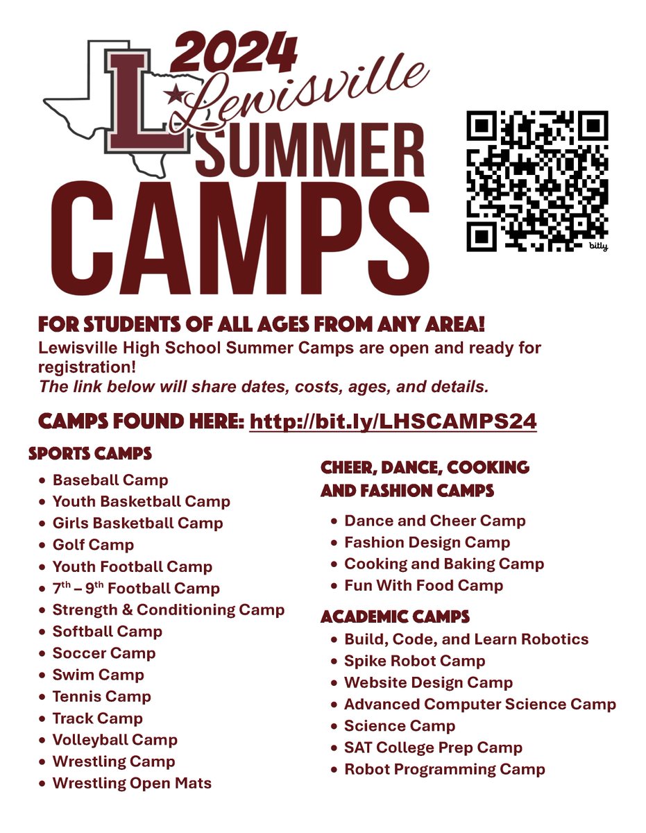 LHS SUMMER CAMPS FOR STUDENTS OF ALL AGES FROM ANY AREA! Everyone is welcome. See the link to find the camp with details, cost, age groups, and what you need for the camp. Some have online registration too! LINK TO CAMP INFORMATION: bit.ly/LHSCAMPS24