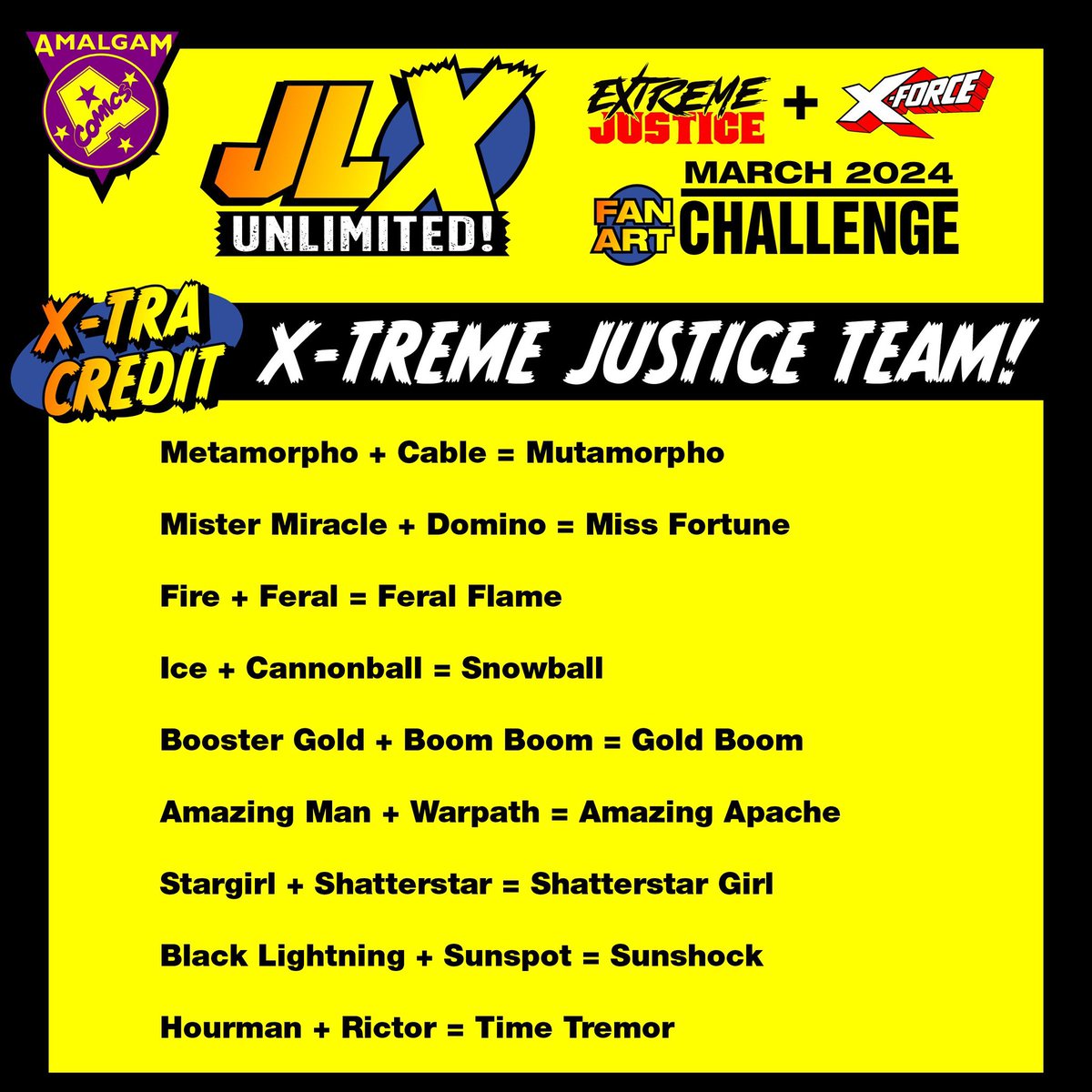 X-TRA CREDIT ❌ Extreme JLX-FORCE ❌ featuring: MUTAMORPHO, GOLD BOOM, SNOWBALL, MISS FORTUNE, FERAL FLAME, SHATTERSTARGIRL, AMAZING APACHE, SUNSHOCK, TIME TREMOR, & X-TRA X-TRA CREDIT, SOUNDWAVE (Siryn + Airwave) #xforce #justiceleague #dccomics #marvel #amalgam2024