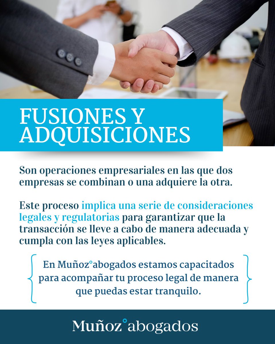 MUNOZABOGADOS's tweet photo. 🤔 ¿Buscas asesoría en Merge and Acquisitions (M&amp;A) o Fusiones y Adquisiciones? Con nosotros, obtendrás:
✔️ Revisión legal, financiera y operativa
✔️ Documentación detallada de términos y condiciones
✔️ Acompañamiento en las aprobaciones regulatorias https://t.co/2F5HDNW832