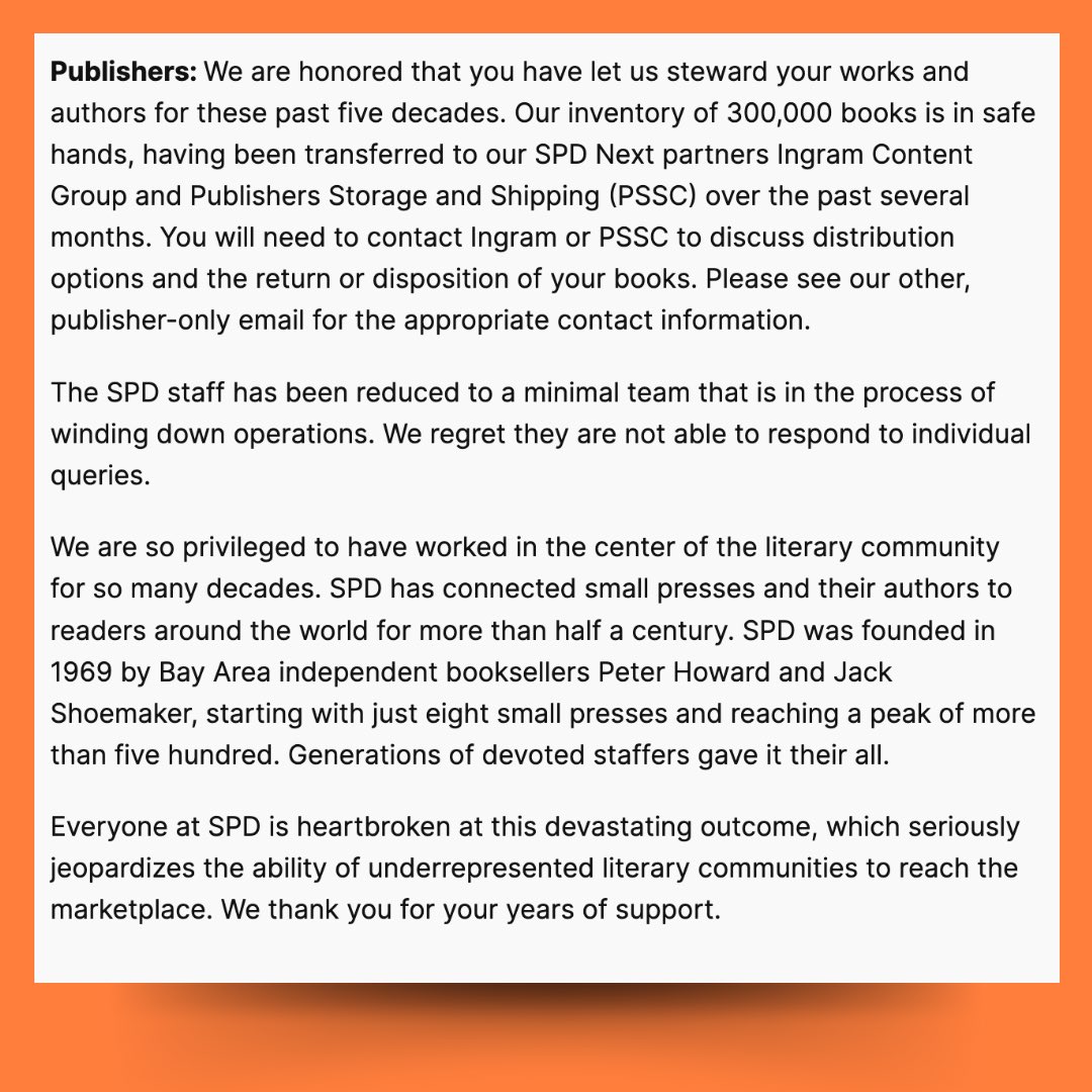 Sad day for indie presses / #WritingCommunity. Small Press Distribution (SPD) is shutting down.