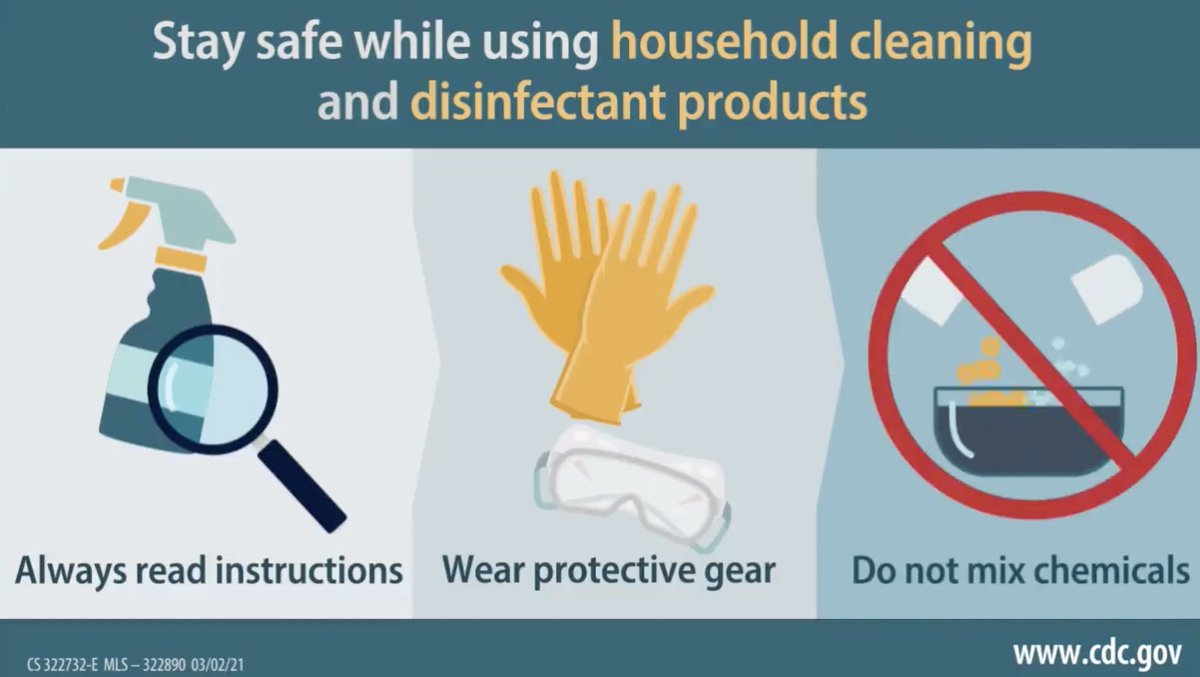 Stay safe while using household cleaning and disinfectant products. ✔️ Always read instructions. ✔️ Wear protective gear. ✔️ Don't mix chemicals. Learn how to clean and disinfect your home safely and effectively: bit.ly/3lh0OyB.