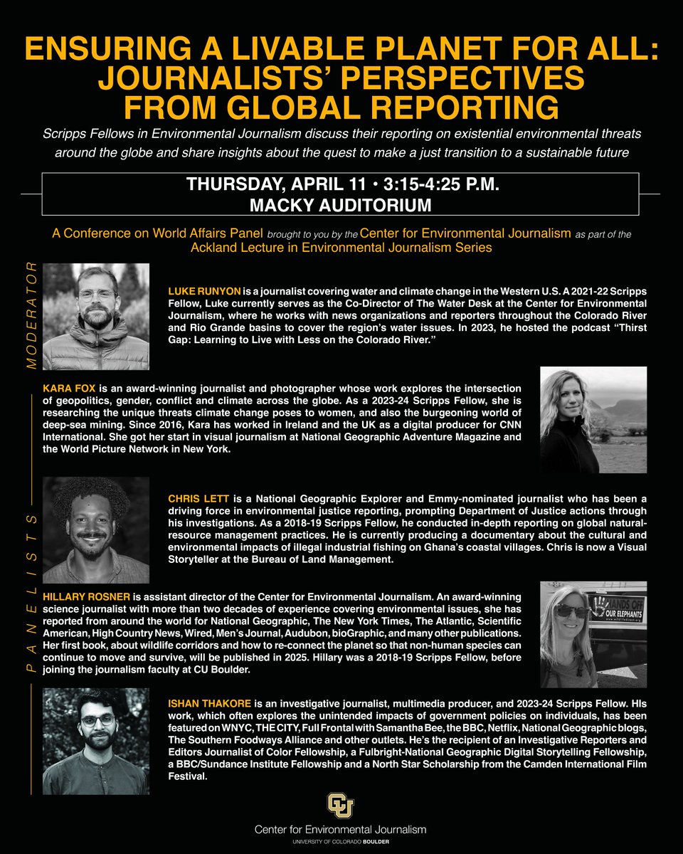 Mark your calendars! The Ackland Lecture in Environmental Journalism returns this year as a panel of current and past Scripps Fellows in Environmental Journalism @CWABoulder! Free and open to the public, livestreamed and recorded!