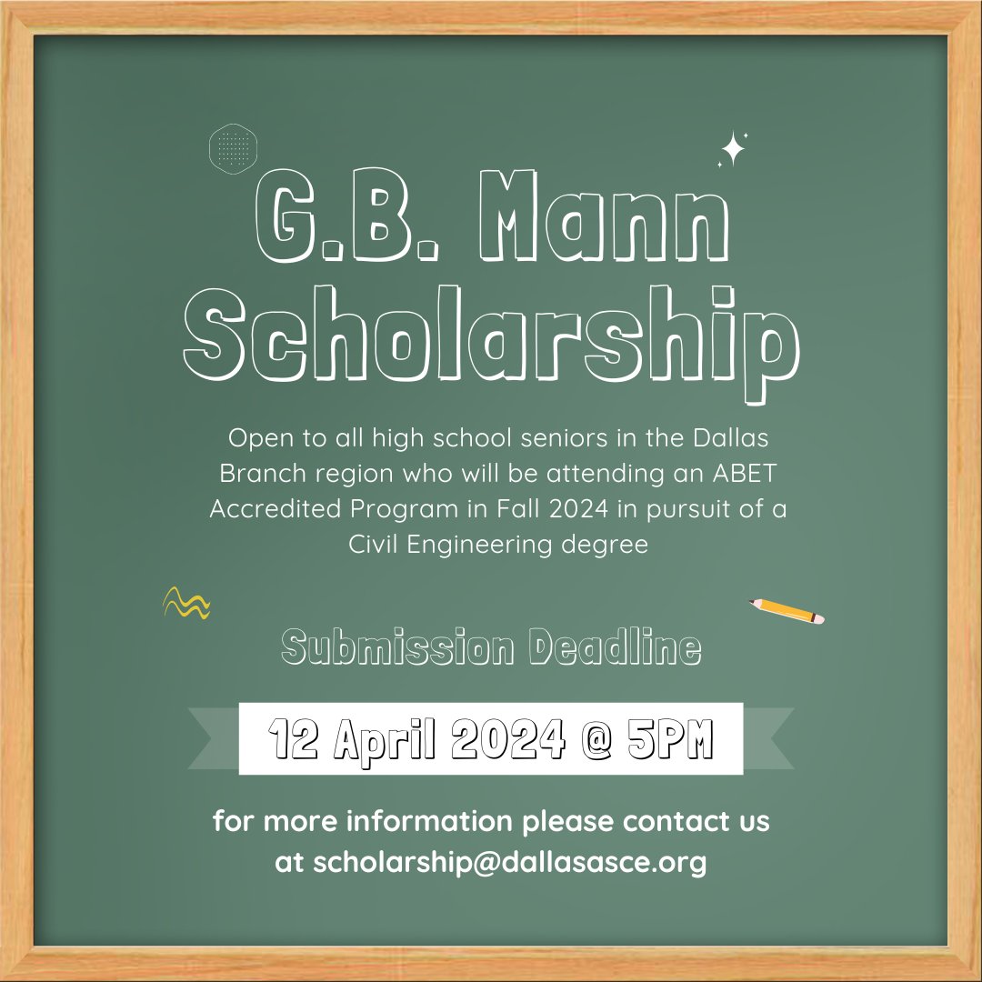 🚨 Students! 🚨 The G.B. Mann Scholarship deadline is quickly approaching!
The application package must be submitted by 5:00 PM on April 12th.

👉 dallasasce.org/Branch_Scholar…: 
        Application Form &amp; Details