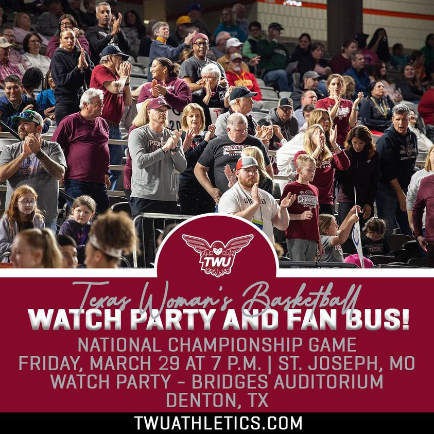 twuevents (@twuevents) on Twitter photo Cheer your Pioneers on for the National Championship Game! Sign up to ride the fan bus to St. Jo or attend the watch party in Denton at the Bridges Auditorium on March 29th @ 7pm. Learn more at bit.ly/twuchampionship #TXWomans #TWUevents
<a href="/TWU_Basketball/">TWU Basketball</a> @TXWomans @TWUPioneers Cheer your Pioneers on for the National Championship Game! Sign up to ride the fan bus to St. Jo or attend the watch party in Denton at the Bridges Auditorium on March 29th @ 7pm. Learn more at bit.ly/twuchampionship #TXWomans #TWUevents
<a href="/TWU_Basketball/">TWU Basketball</a> @TXWomans @TWUPioneers