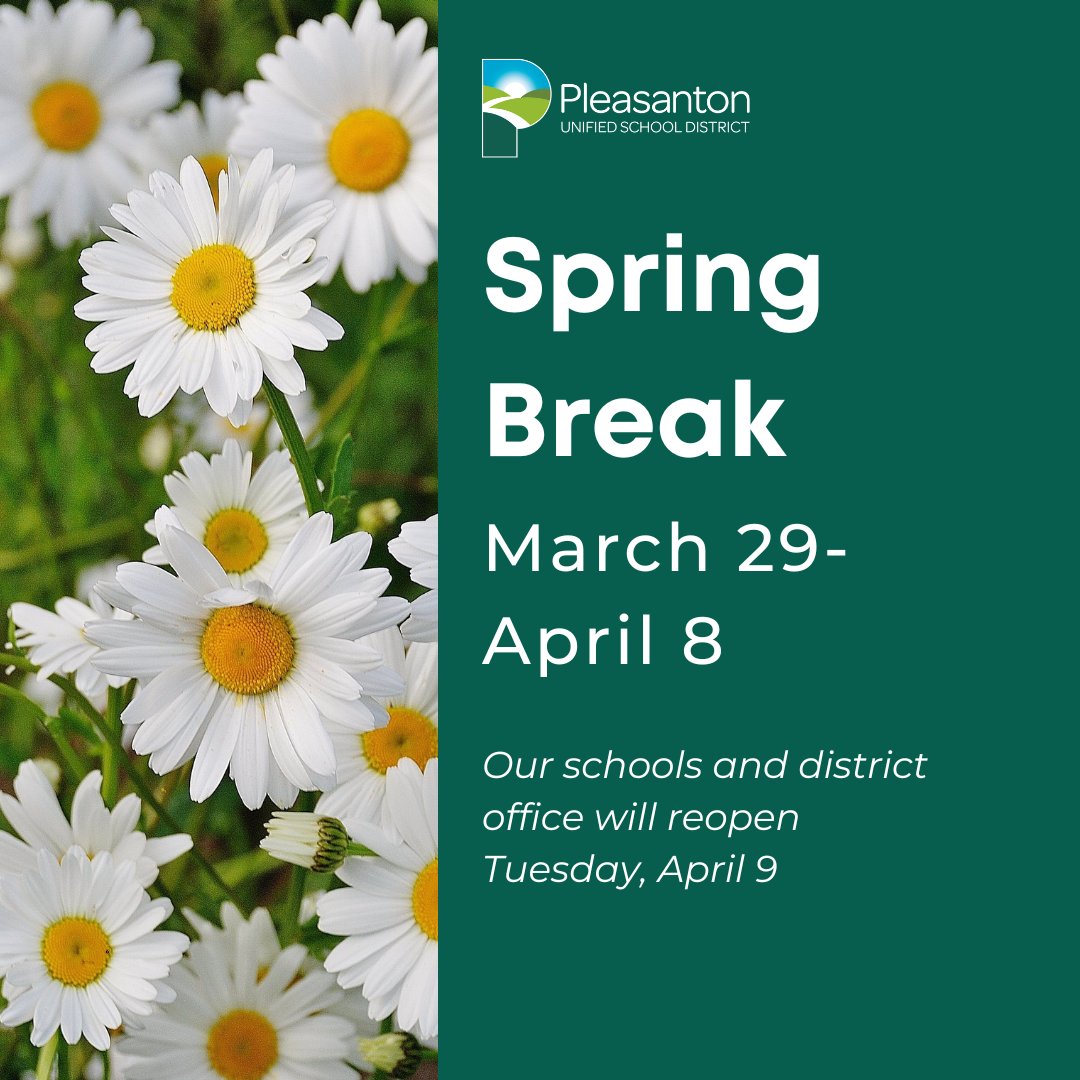 Our schools and district office will be closed March 29-April 8. Have a great Spring Break!