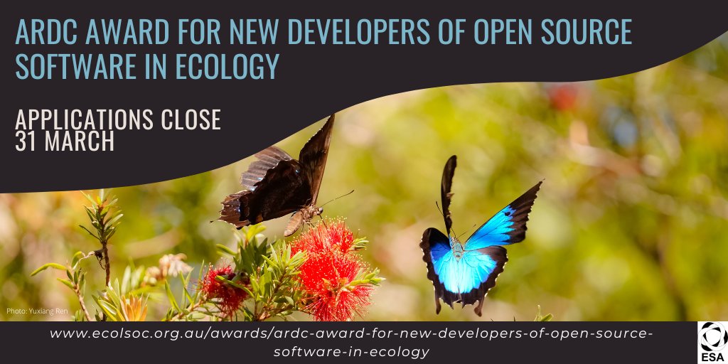 Last chance to nominate for the 2024 @ARDC_AU Award for New Developers of Open Source Software in Ecology. ⁠ Applications close this weekend - 31 March. ecolsoc.org.au/awards/ardc-aw… 📷️: Yuxiang Ren