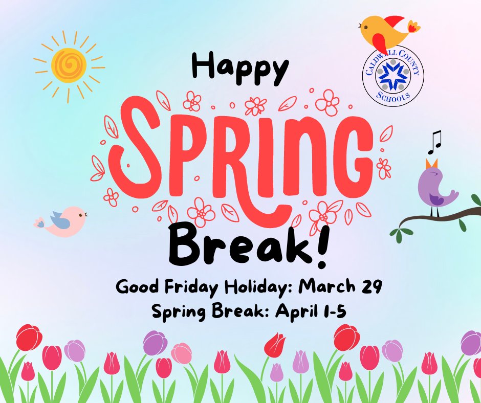All offices &amp; schools are closed tomorrow in observance of Good Friday. Apr. 1-5 is spring break—no school for students &amp; staff! The Ed Ctr is open from 8 a.m. to 5 p.m. Early College &amp; CASA return on April 3. All other students return on Monday, April 8.
Enjoy friends &amp; family!