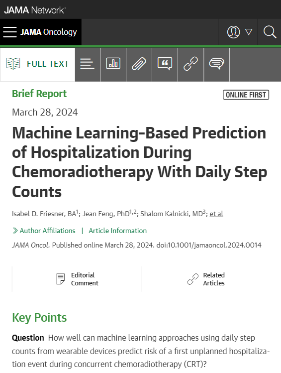 A machine learning approach with daily step counts from wearable devices from three prospective trials to predict unplanned hospitalization of patients undergoing chemoradiation was developed and validated in this study. ja.ma/4ax3WA1