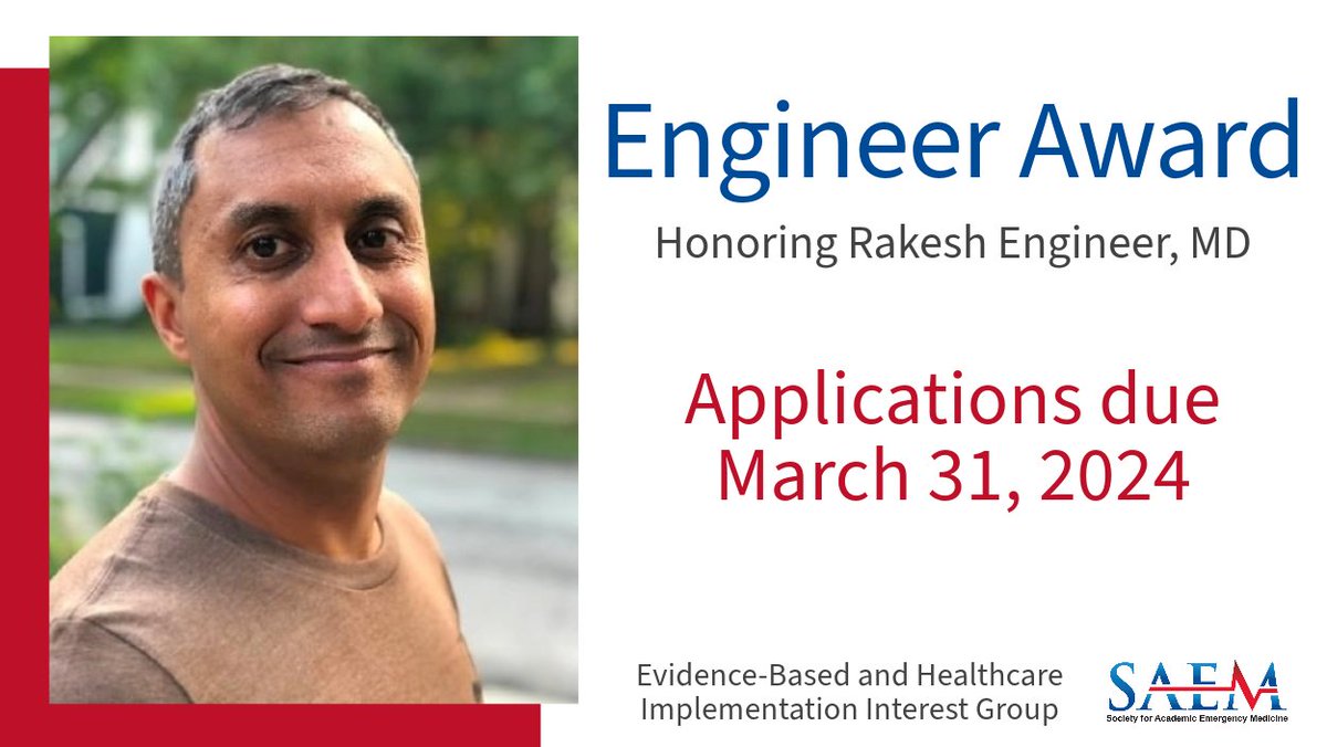 Only a few days left to apply for the 2024 Engineer Award! This award, named in honor of Rakesh Engineer, MD, recognizes an abstract that evaluates the implementation or de-implementation of a process that improves #PatientCare. Apply by March 31: ow.ly/uGMB50Qgphh