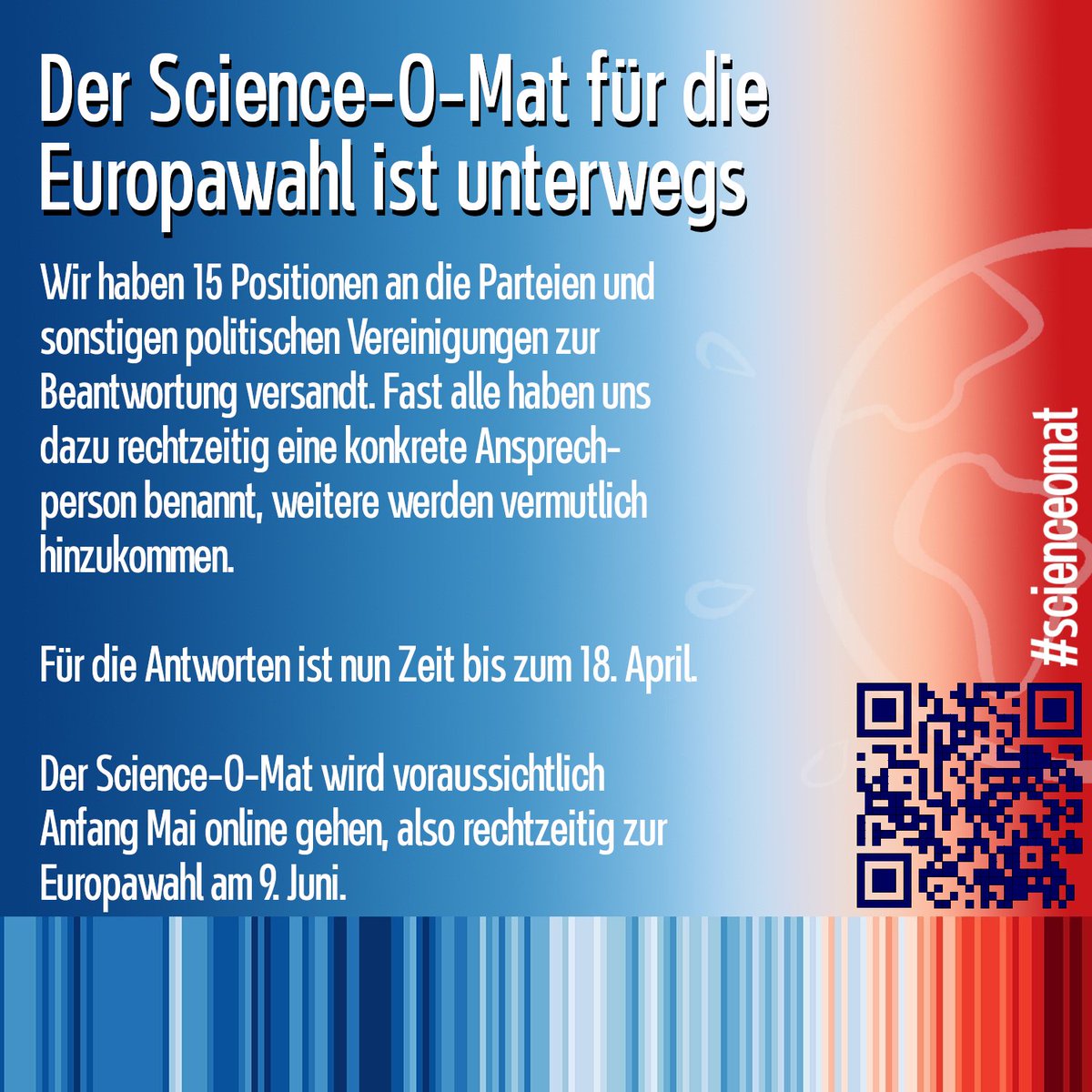 Der #ScienceOmat ist “unterwegs“! Wir haben 15 Positionen an alle Parteien zur Beantwortung versandt, die uns Ansprechpersonen benannt haben. Für die Antworten ist Zeit bis zum 18.04. Der Science-O-Mat wird Anfang Mai online gehen, also rechtzeitig zur #Europawahl am 9. Juni.