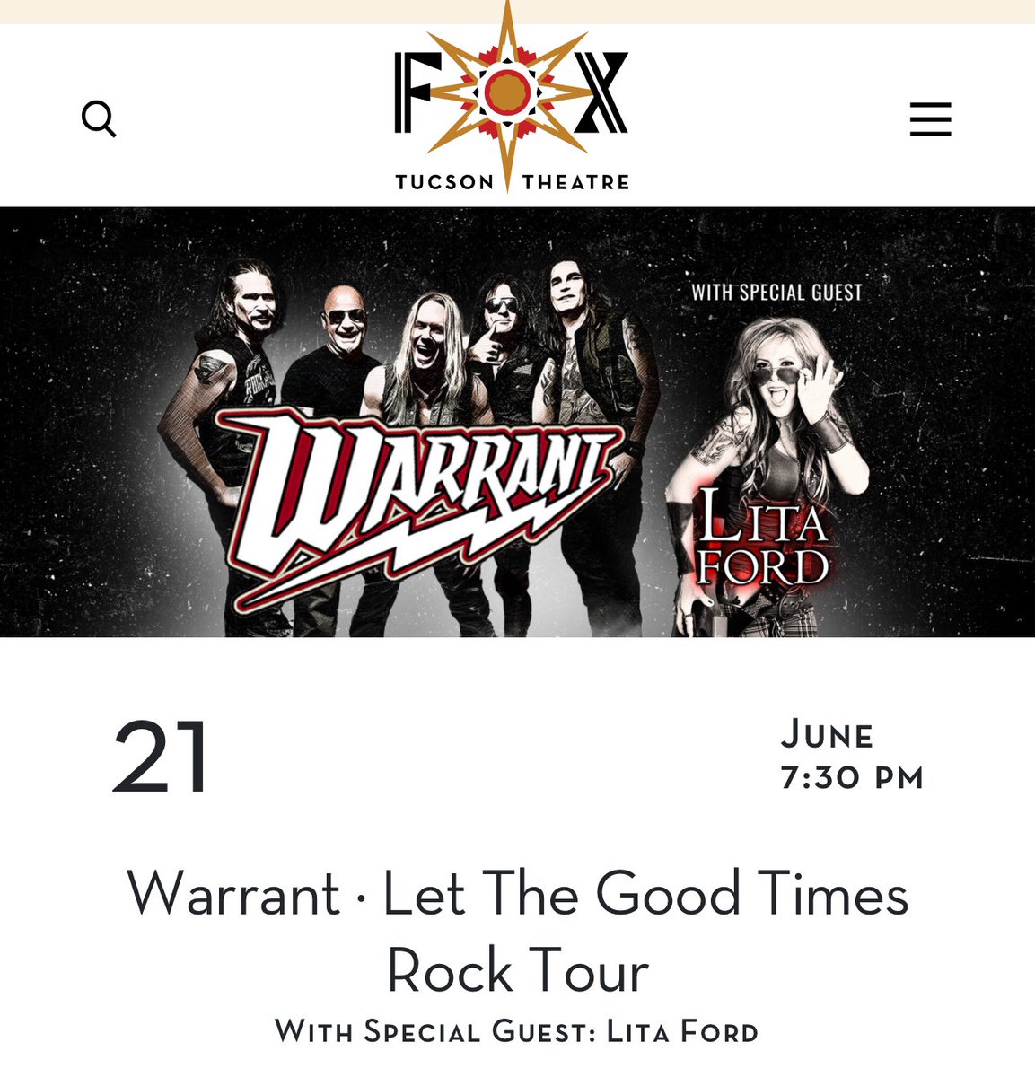 WARRANT & Lita Ford! Here is the ticket link for Fox Theatre – Tucson, AZ on 6/21/24 Get yourself some! 🙏🏻 foxtucson.com/event/warrant/