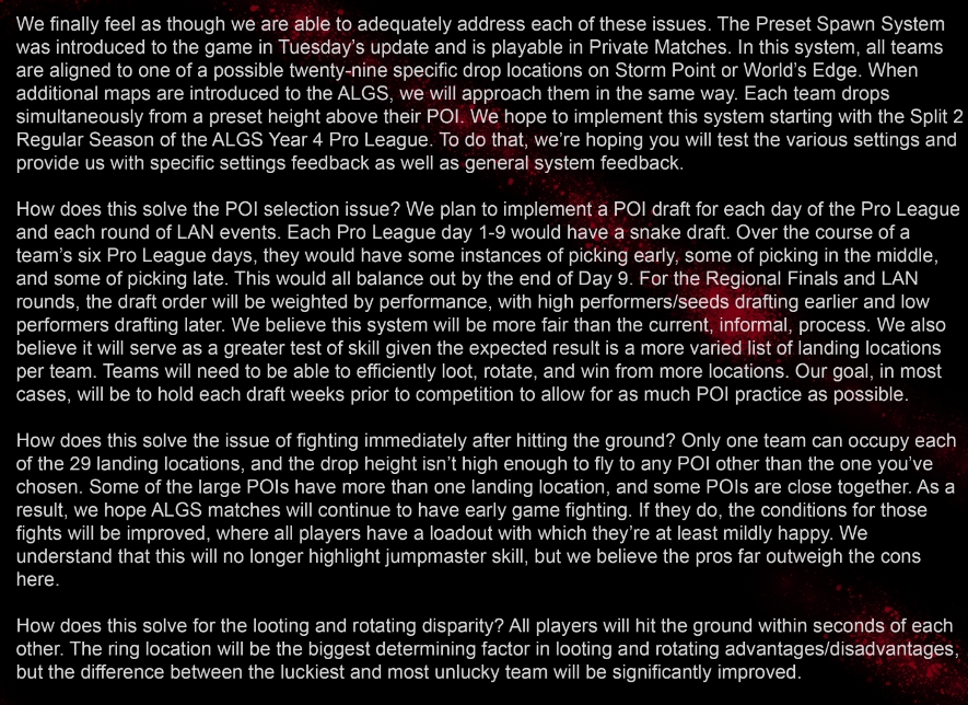 esports's tweet photo. 🚨 EA lays out controversial plans to remove the Dropship start from Apex Legends competitive

Teams will no longer drop but SPAWN into one of 29 POI locations per map, decided by a POI draft at the start of each ALGS playday.

EA believe this will be a "greater test of skill"