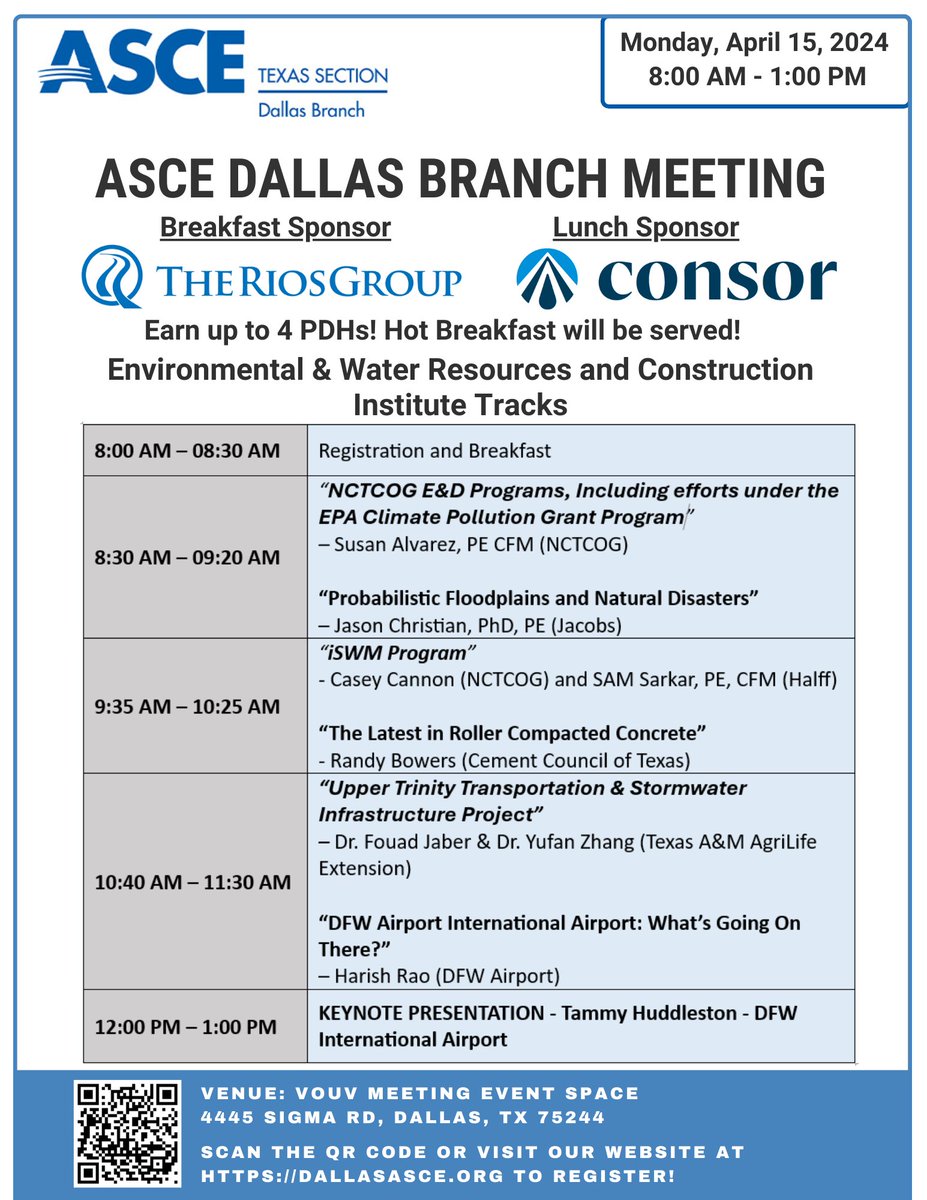 🚨 Earn up to 4 PDHs!! 🚨 Join us on Monday April 15th for our monthly ASCE Dallas meeting! This month's meeting is proudly sponsored by The Rios Group, Inc., our breakfast sponsor, and CONSOR Engineers, our keynote sponsor! dallasasce.org/meetinginfo.ph…