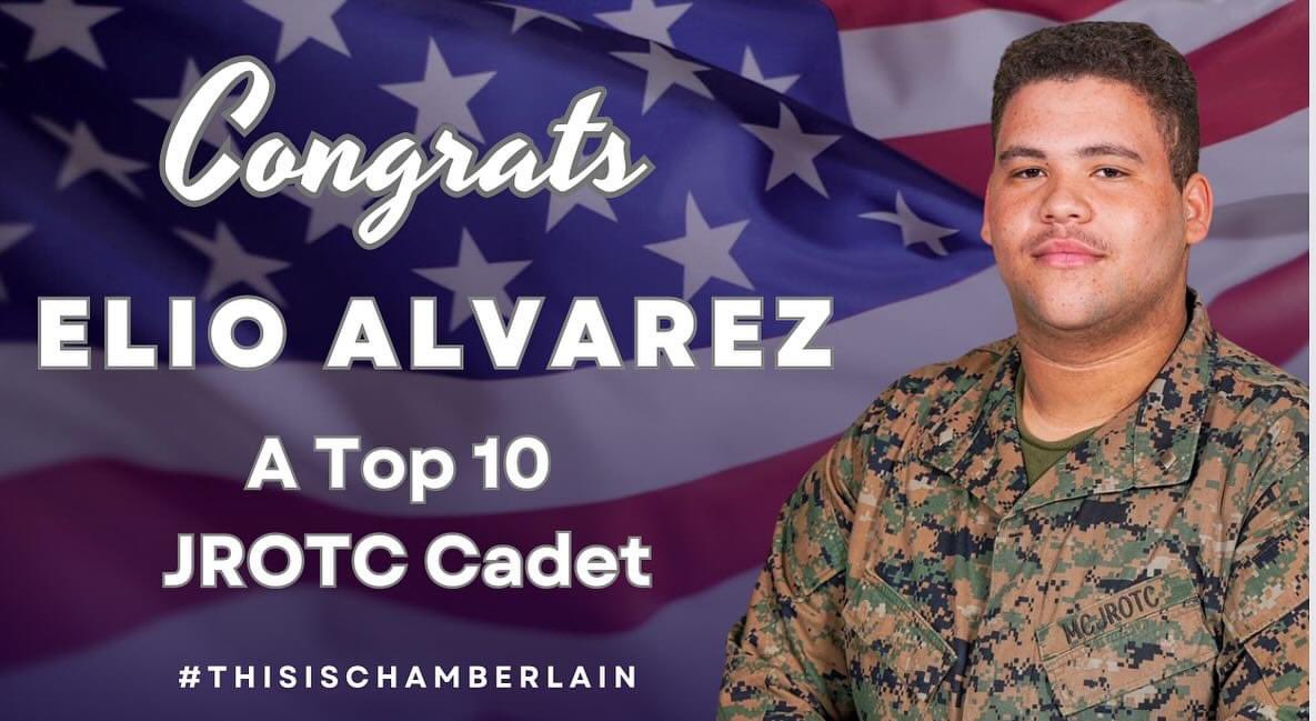 Chamberlain’s Marine Corps JROTC Warrior Company is proud of CO Cadet Major Elio Alvarez ‘24 for being recognized as one of Hillsborough County’s top 10 Cadets!
#thisischamberlain 
#welaunchleaders