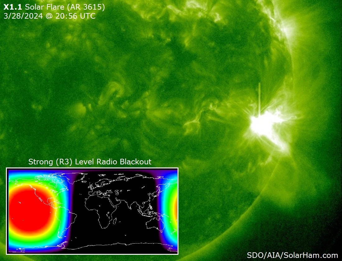 X1.1 solar flare / AR 3615. A noteworthy CME does not look to be associated. SolarHam.com