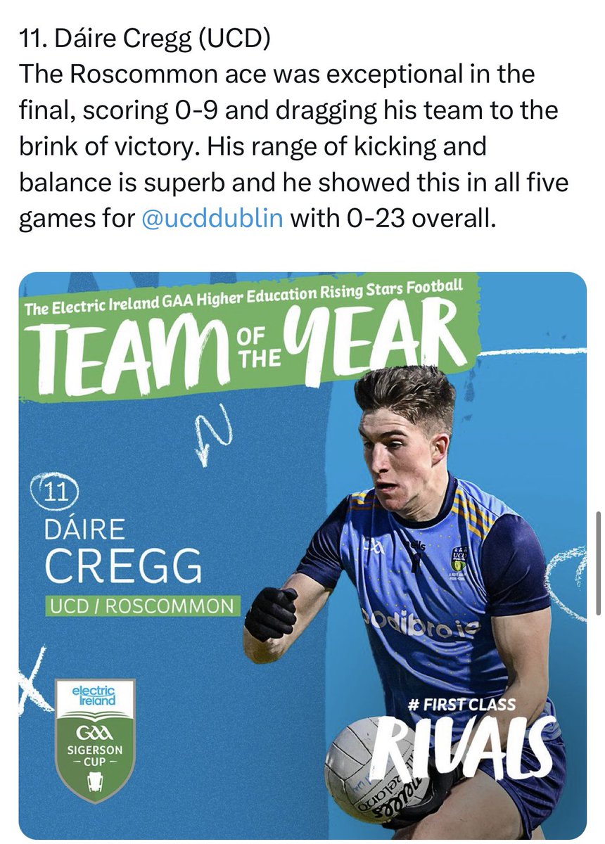 Congrats to our very own Daire Cregg of @BoyleGAA club who was deservedly named on the Sigerson cup team of the year.