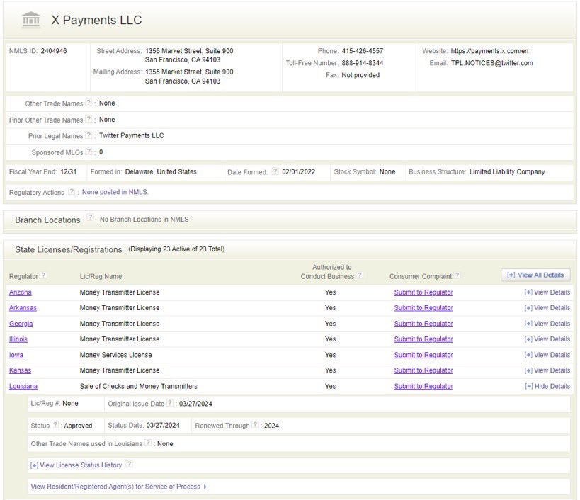 X Payment Money Transmitter License Louisiana
