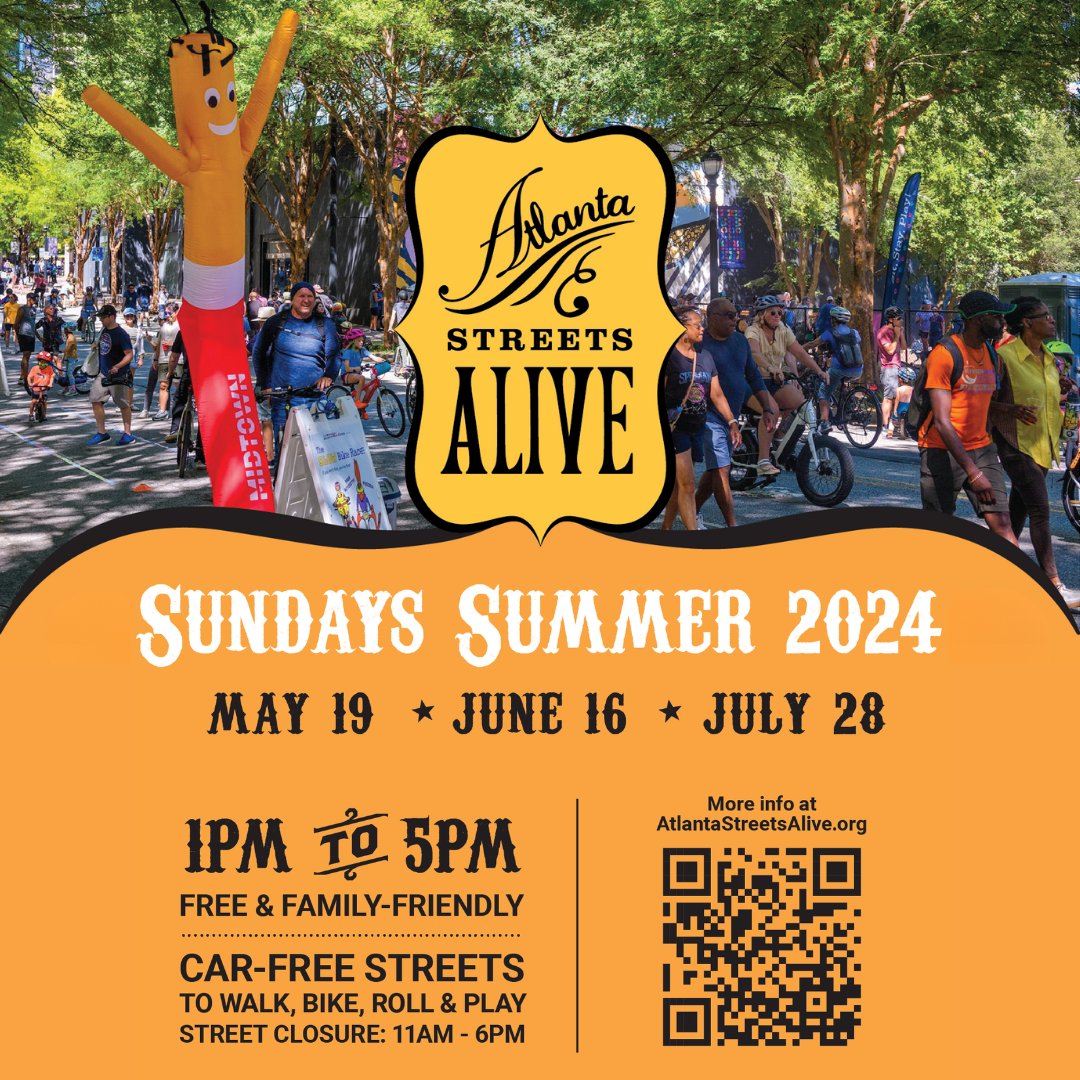 It's almost time for the return of #AtlantaStreetsAlive! Save the first three dates of 2024. Nearly three miles of Peachtree Street will become a vibrant park space for these Sundays at 1PM-5PM. Expect more dates and routes later in 2024. More info: atlantastreetsalive.org