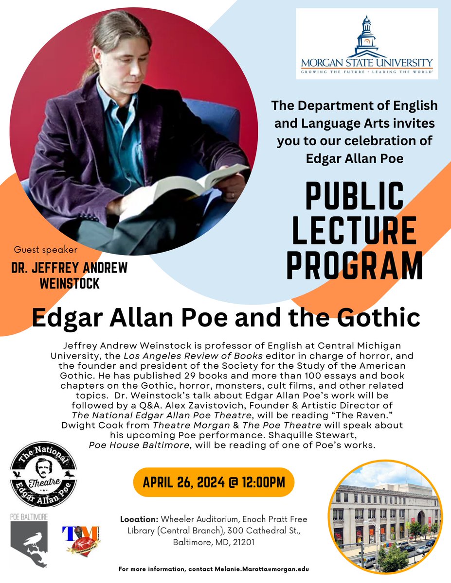 If you are in Baltimore on April 26 @ noon, I have organized an event @prattlibrary for Edgar Allan Poe year. @Morgan_DeptENGL has a wonderful and educational line up of guests including keynote #JeffreyWeinstock to talk about Poe. @alexzavistovich @poe_theatre @PoeBaltimore