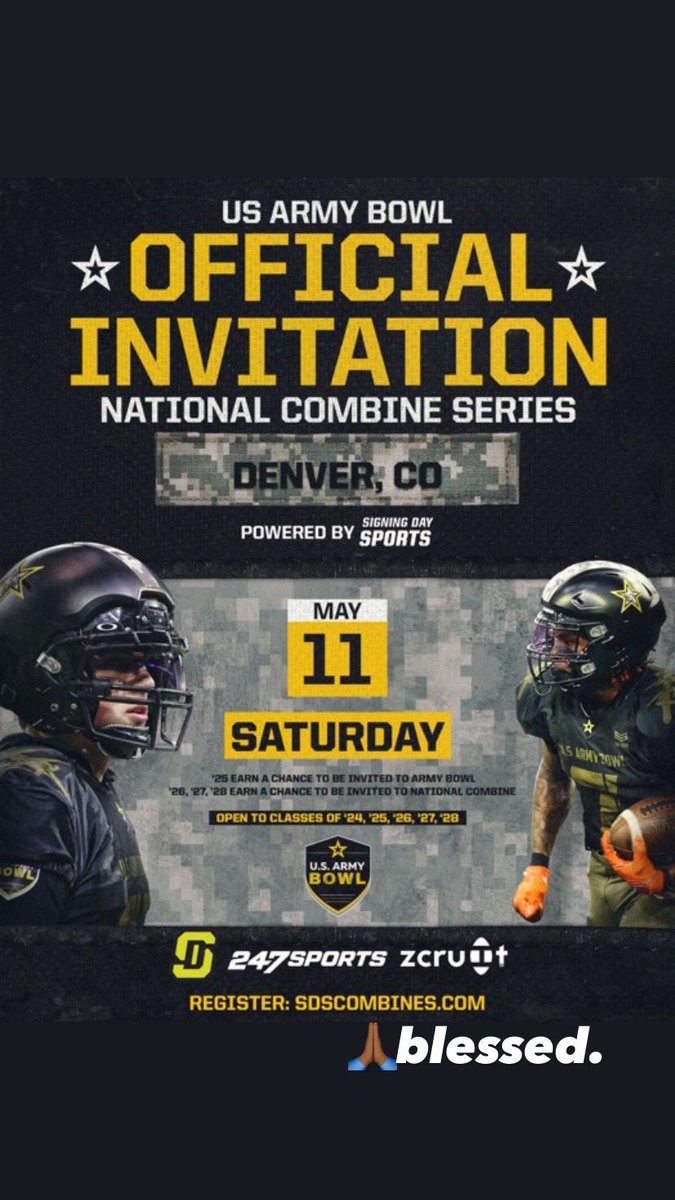 Im happy to announce I’ve been invited to the National US Army Bowl Combine. Thanks to  <a href="/MattSeiler_SDS/">Matt Seiler</a> <a href="/247Sports/">247Sports</a>