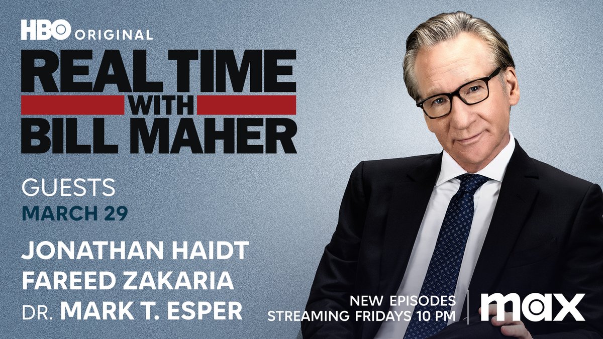 FRIDAY: @BillMaher welcomes @JonHaidt, @FareedZakaria and @MarkTEsper to Real Time @HBO! Reply with a question and join the conversation after the show on our YouTube channel.