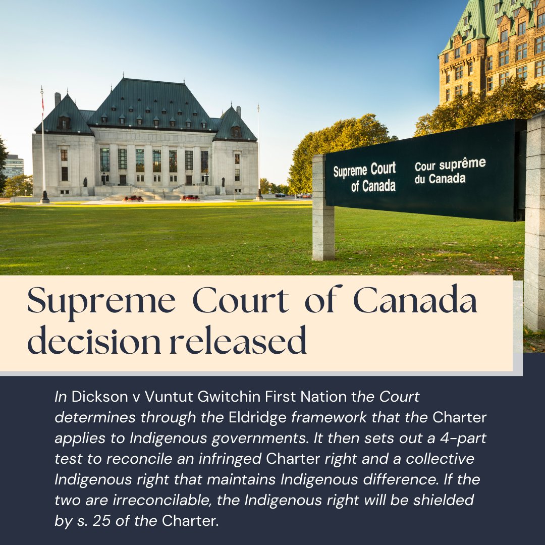 The SCC released its decision in Dickson v Vuntut Gwitchin First Nation today. The Court upheld Vuntut's residency requirement, dismissing both the appeal and cross-appeal. Check out our special issue of the Forum (vol. 31.2) on the case. bit.ly/DicksonCCSForum