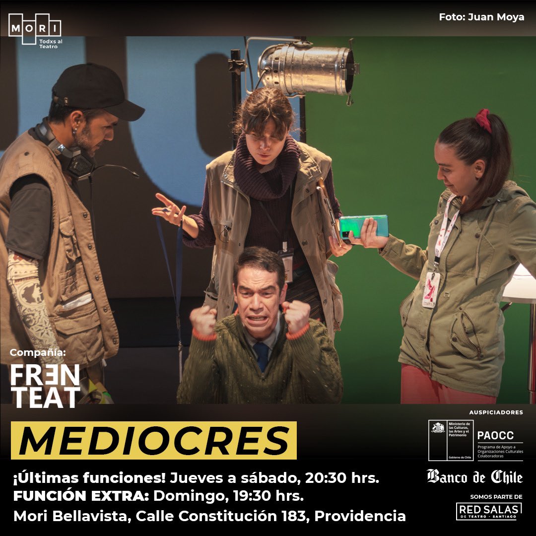 MEDIOCRES 🫠 🗓️¡ÚLTIMAS FUNCIONES! ⏰De jueves a sábado, a las 20:30 hrs. Domingo, 19:30 hrs. 📍Mori Bellavista, Calle Constitución 183, Providencia 🎟️ @ticketmastercl