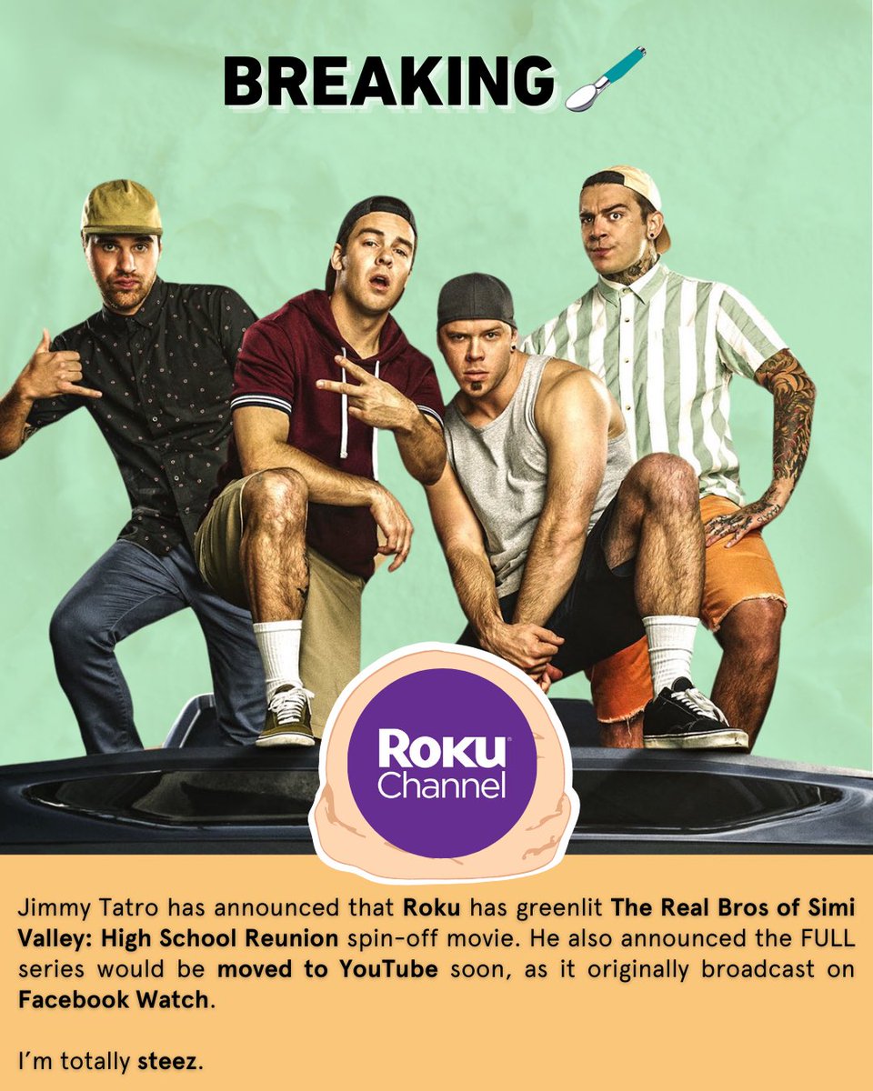 stream_scoop's tweet photo. Big news for fans of #realbrosofsimivalley as the show gets a spinoff movie greenlit on #Roku . @JimmyTatro also announced that the series would be coming to #YouTube soon!
๐จ๐ $ROKU #steez https://t.co/BSN90RKuxY