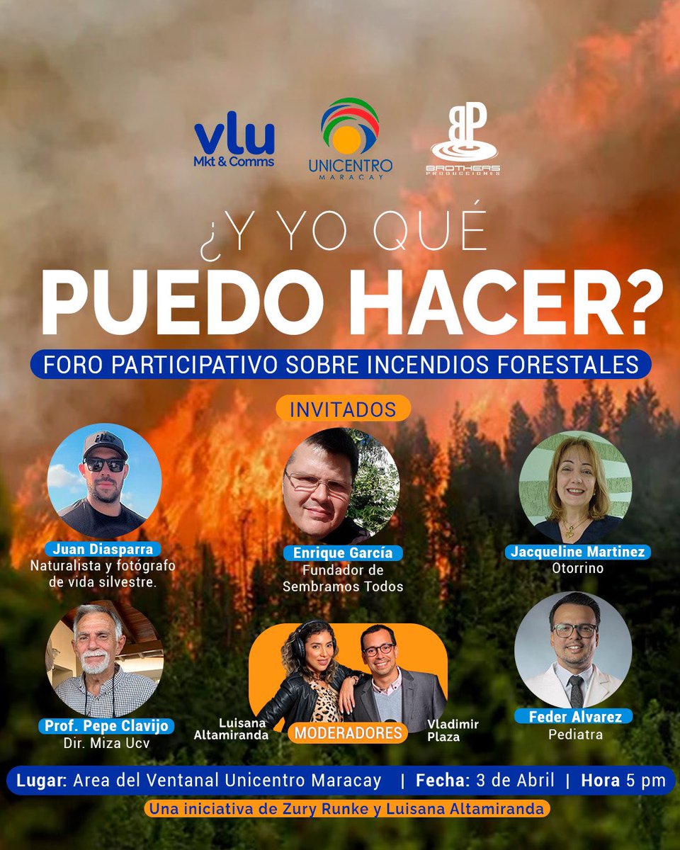 PepeClavijoA's tweet photo. Invitación al foro 

“Y YO QUÉ PUEDO HACER” 

Foro participativo sobre incendios forestales. 

Moderadores Luisana Altamiranda @lualtamiranda y Vladimir Plaza @vplazaruiz
C.C. Unicentro-Maracay, Venezuela 
3/04/2024, 5pm
¡BIENVENIDOS! https://t.co/T19n798TnE