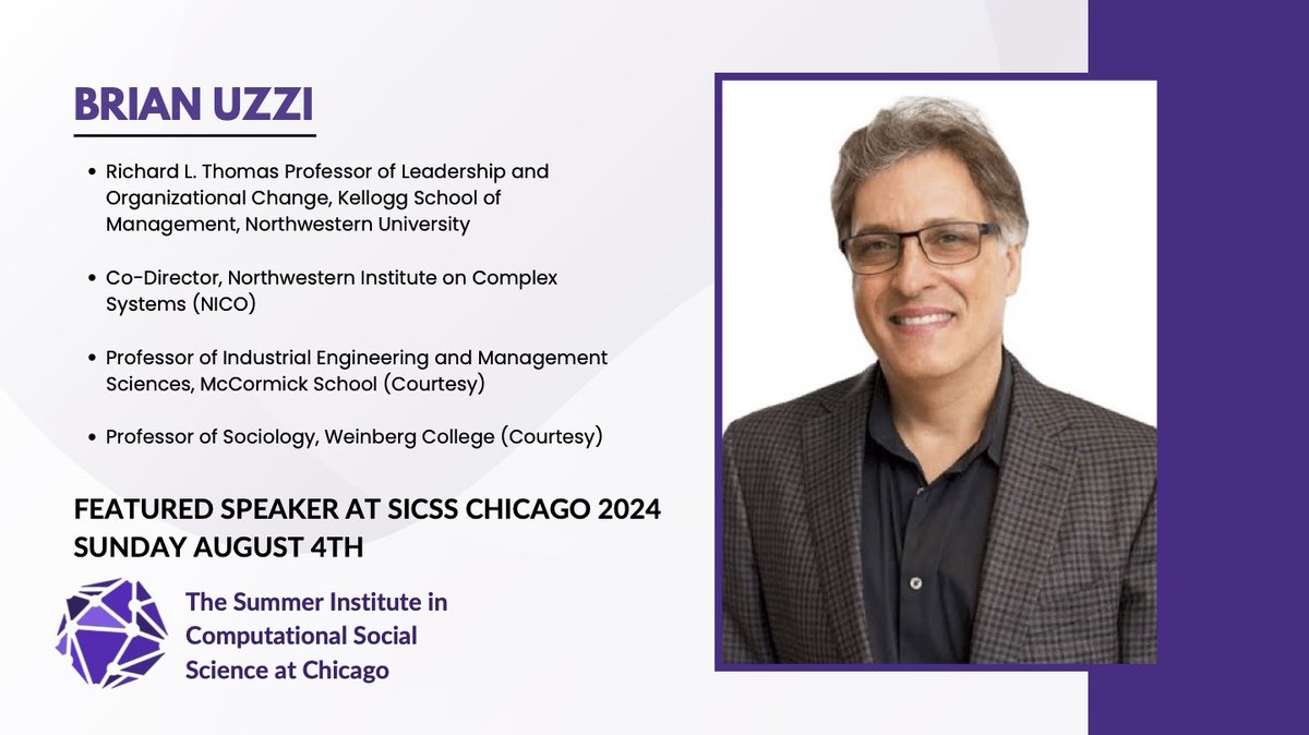 🌟 Continuing our speaker lineup, we are proud to announce Brian Uzzi @UzziLeadership @NICOatNU @KelloggSchool as our next featured speaker! 🎤 Join us for his insightful talk on the first day of #SICSSChicago2024 on August 4th. 🙌 Check speaker lineup🔽 sicss.io/2024/chicago/p…