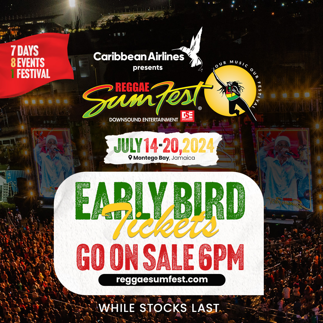 Tell a friend to tell a friend #ReggaeSumfest2024 early bird ticket sales go LIVE at 6 PM EST TODAY! To purchase, visit reggaesumfest.com and secure tickets for the whole crew. Available while stocks last #ReggaeSumfest2024 #OurMusic #OurFestival #TheSumfestExperience