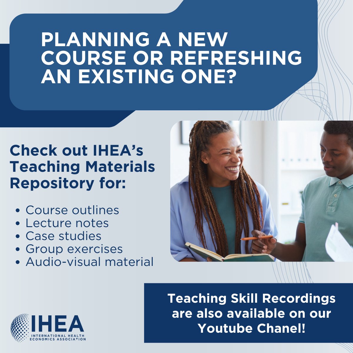 Planning a #healtheconomics course? Visit the IHEA Teaching Repository to access course outlines and other teaching materials, or contribute your own to help enhance future courses! Plus, don't miss IHEA's Teaching Skill Workshop videos on YouTube. healtheconomics.org/teaching-mater…