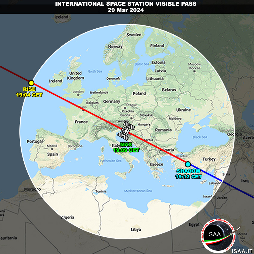 ITA 🇮🇹 Stasera 29 marzo ci sarà un passaggio della #ISS visibile da tutta Italia (favorito il nord-est). Appuntamento alle 19:06 circa (ora locale), meteo permettendo. Altro passaggio meno favorevole: 20:43 (ma vicinissimo a Giove!) Buona caccia! #SpotTheStation #Expedition70