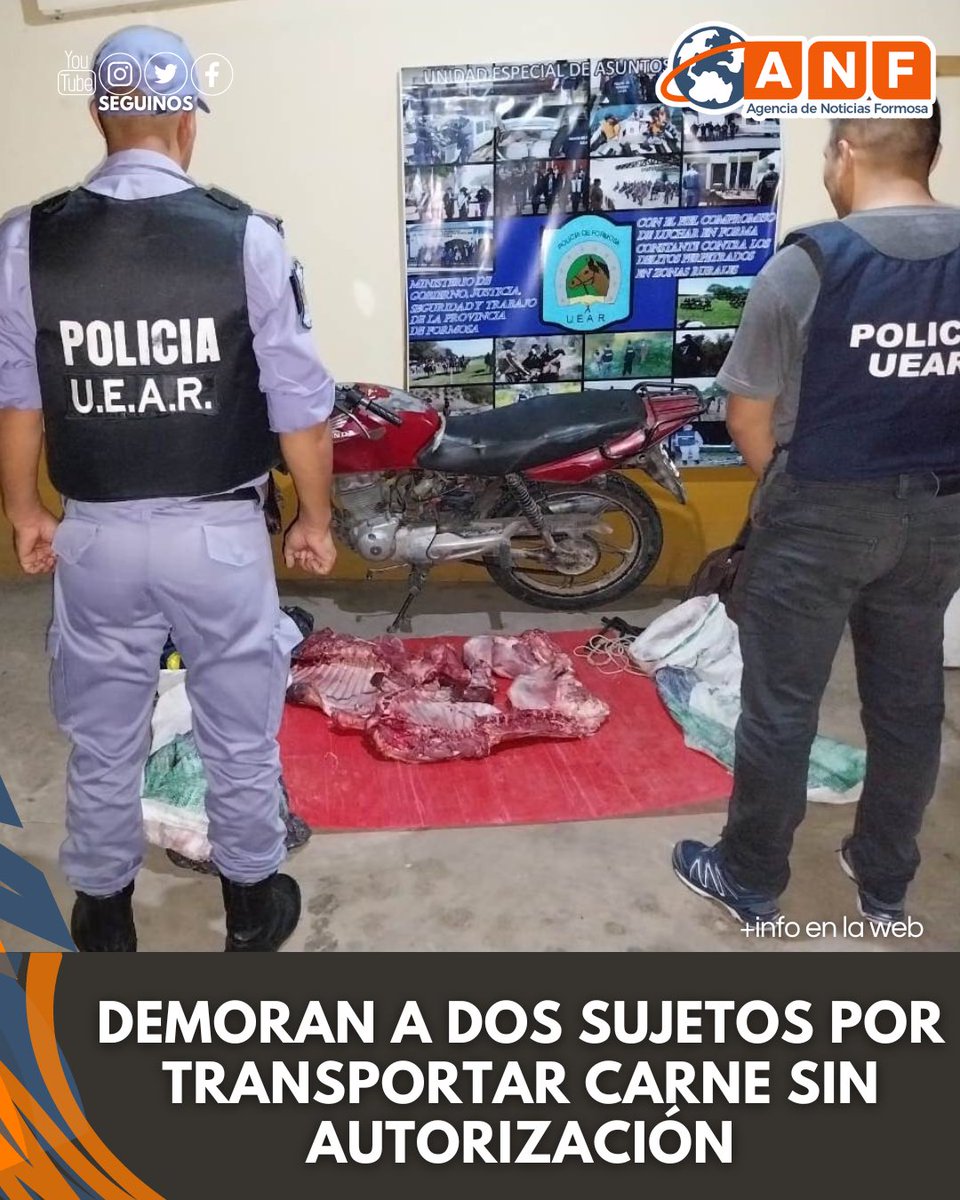 NoticiaFormosa's tweet photo. ⭕️Demoró a dos sujetos que circulaban en motocicleta por la Ruta Nacional N° 81, a la altura del kilómetro N° 1.191, donde se constató el traslado de carne vacuna recientemente faenada sin autorización.

📌+Info en la web https://t.co/m2oG8eq8Pm