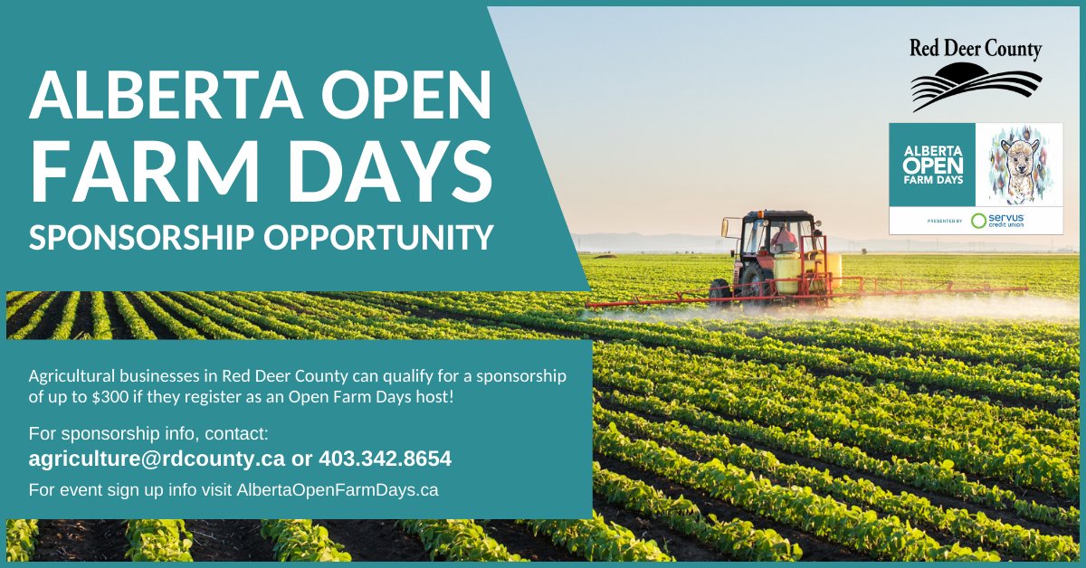 Red Deer County is providing sponsorship to operations that are @OpenFarmDays host locations! For sponsorship opportunity info, email agriculture@rdcounty.ca. For info on Open Farm Days, or to register as a host, visit AlbertaOpenFarmDays.ca. Registration deadline - April 30th