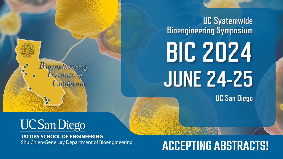 The Chien-Lay Department of Bioengineering invites bioengineering academics and students across UC campuses @BerkeleyBioE @UCDavisCOE @UCIEngineering @BioEngUCLA @ucmerced @UCRBCOE @UCSF_BTS @BaskinEng @UCSBengineering to share your discoveries! Details 2024bic.ucsd.edu/home