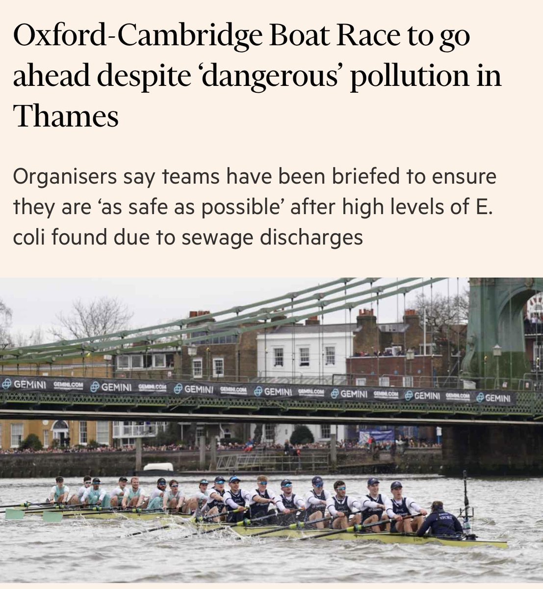 NEWS Thames Water sewage discharges cause dangerous levels of E.coli pollution for Oxford Cambridge Boat Race This Tory pursuit of profit is destroying our rivers and seas for pure greed 😡