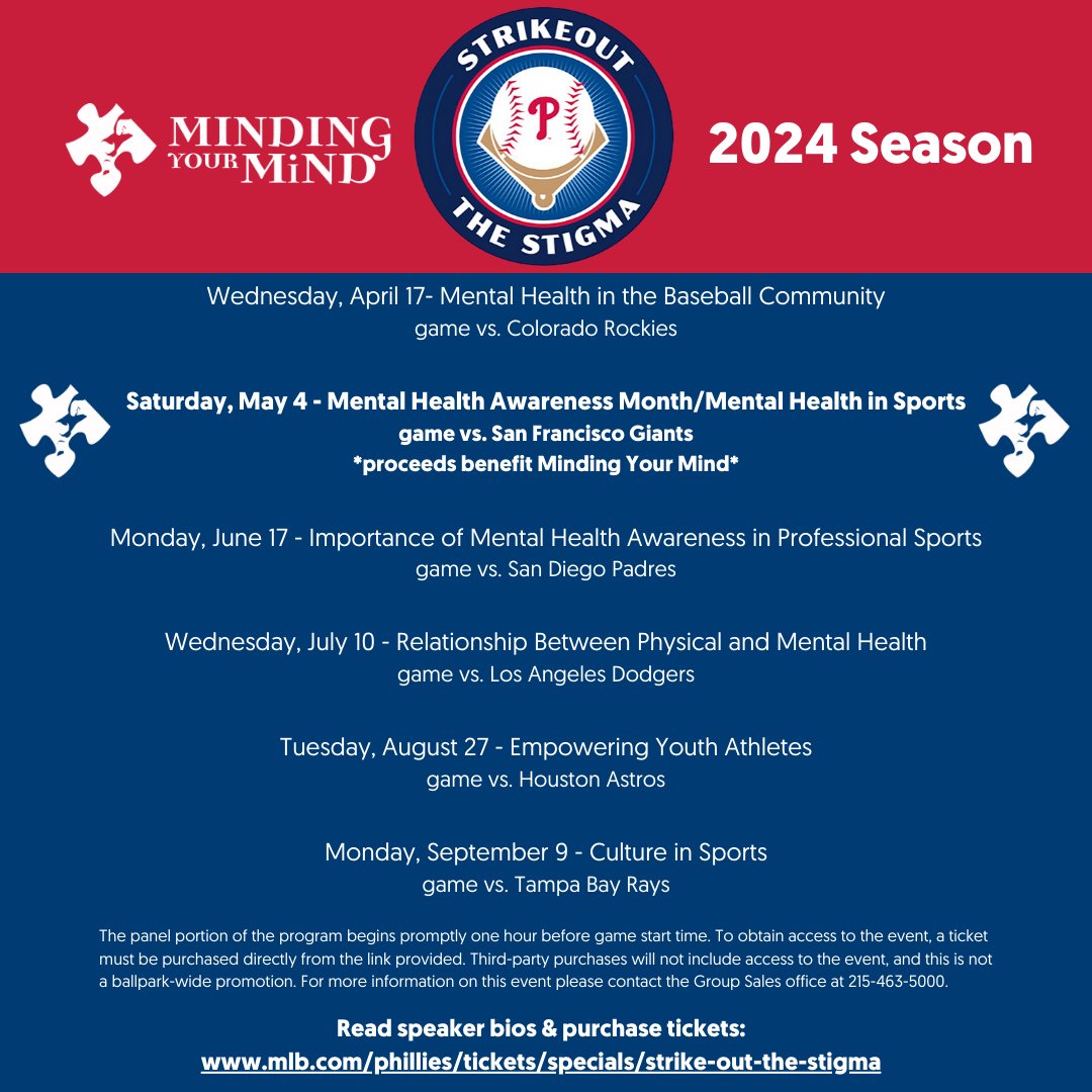 Happy #MLB #OpeningDay to all who celebrate! We are thrilled to enter our 4th season of partnership w/@Phillies Community Outreach for Strike Out the Stigma. Join us on 4/17 w/John Middleton & @jaysonst. Tix mindingyourmind.org/calendar #Phillies #baseball #OpeningDay #MentalHealth