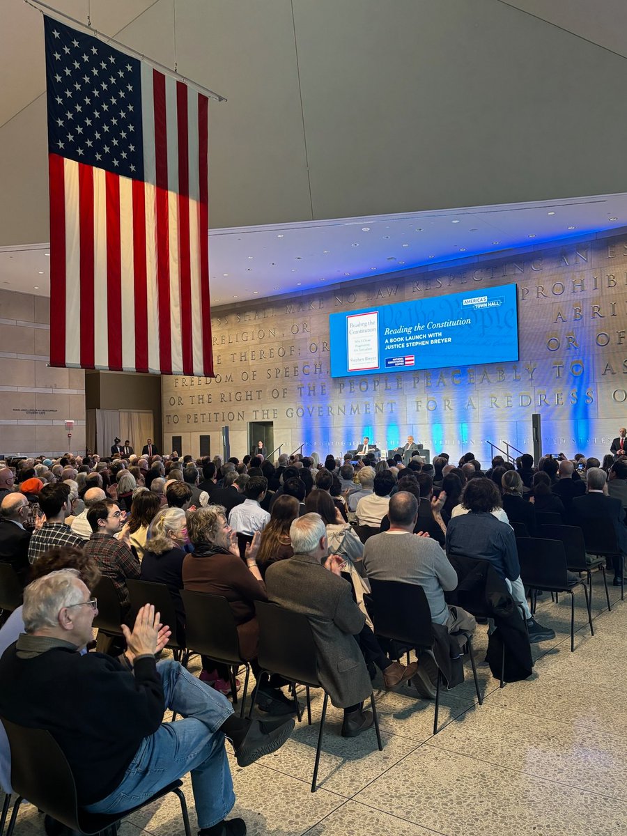 #SCOTUS Justice Stephen G. Breyer (ret.) is on stage now with NCC President @RosenJeffrey, unveiling his new book “Reading the Constitution: Why I Chose Pragmatism, Not Textualism.” Watch now: youtu.be/J-3j5mkFVnY