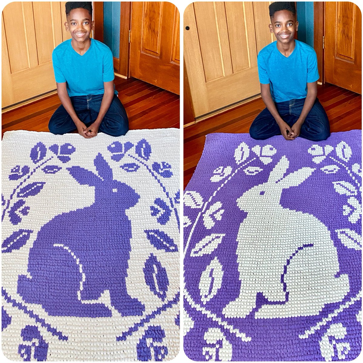 Enjoy this Easter blanket I made that reverses its color scheme! No hooks or needles required, just your fingers. Which side do you prefer? jonahhands.com