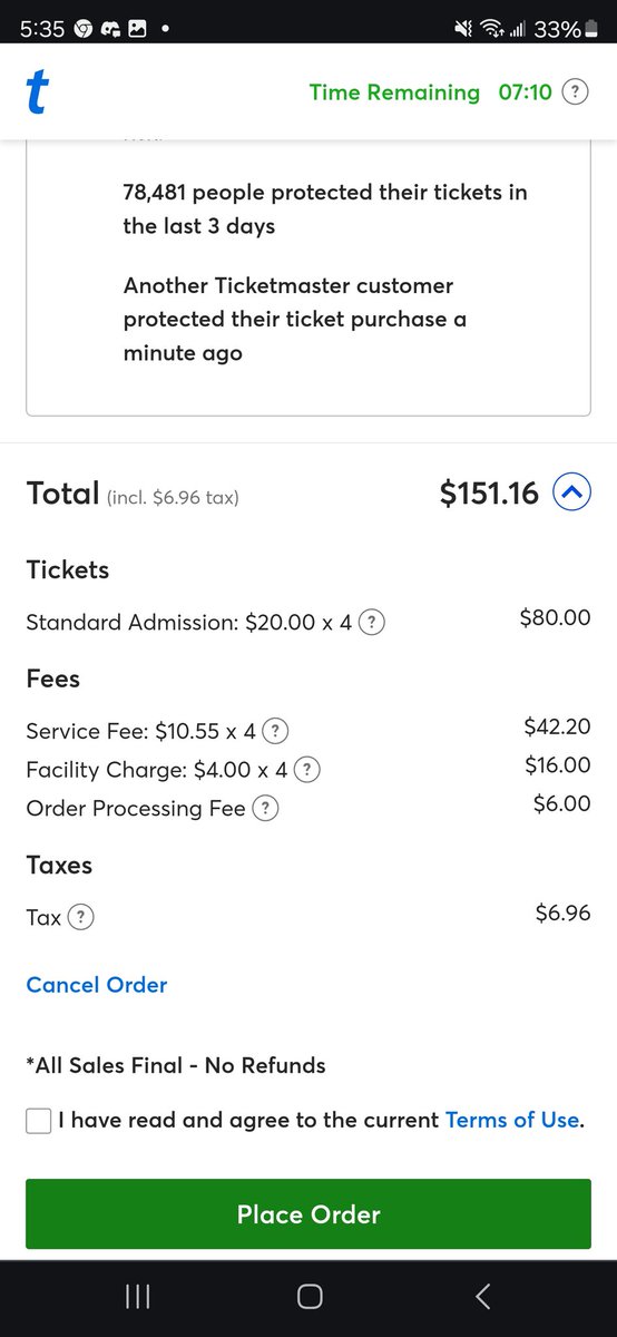 So @Ticketmaster let me get this straight. There's a service fee, facility fee AND an order processing fee...all of which add up to the price of the ticket itself 🤯 Disgraceful. Of all of the industries to be disrupted, please somebody go after this one.