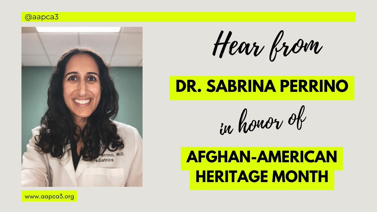 In celebration of #AfghanAmericanHeritageMonth, we are honored to hear from AAP-CA3 board member, Dr. Sabrina Perrino!

Thank you, Dr. Perrino for sharing your story with us!

aapca3.org/meet-our-board…
