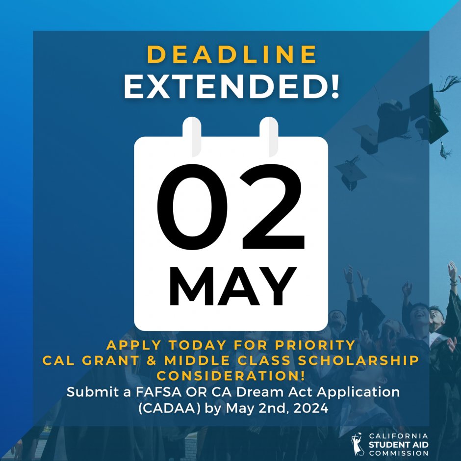 CALIFORNIA DEADLINE EXTENDED! ⚠️ The California Legislature passed an extension on the state priority deadline in California to May 2, 2024. Governor Gavin Newsom signed it into law. @castudentaid #FAFSA #CADreamAct #CADAA #FinancialAid #CSAC