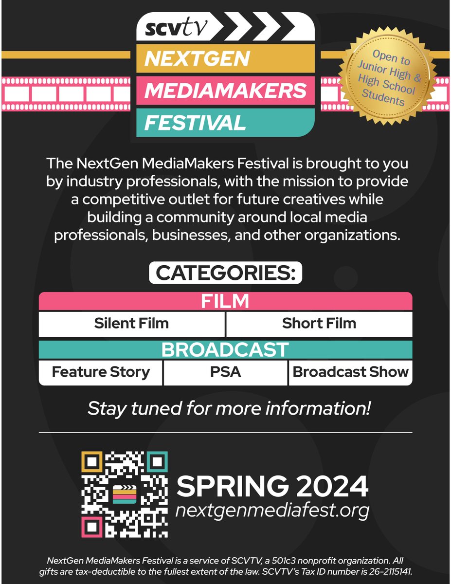 Calling all young media creators in #SantaClaritaValley! 🎬✨ Don't miss your chance to shine at the inaugural #NextGenMediaMakersFestival! Whether you're passionate about filmmaking, broadcasting, or storytelling, we want to see what you've got: NextGenMediaFest.org.
