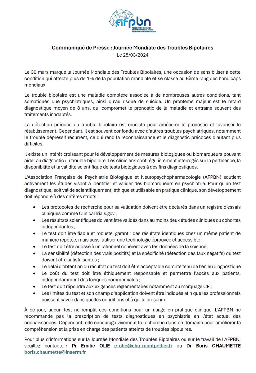 TROUBLE BIPOLAIRE ET BIOMARQUEUR : communiqué de presse de l'Association Française de Psychiatrie Biologique et Neuropsychopharmacologie <a href="/afpbn/">afpbn</a> 

"À ce jour, aucun test ne remplit ces conditions pour un usage en pratique clinique."