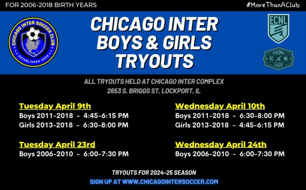 All new players and current Inter players need to register online prior to attending. For any questions, please reach out to info@chicagointersoccer.com