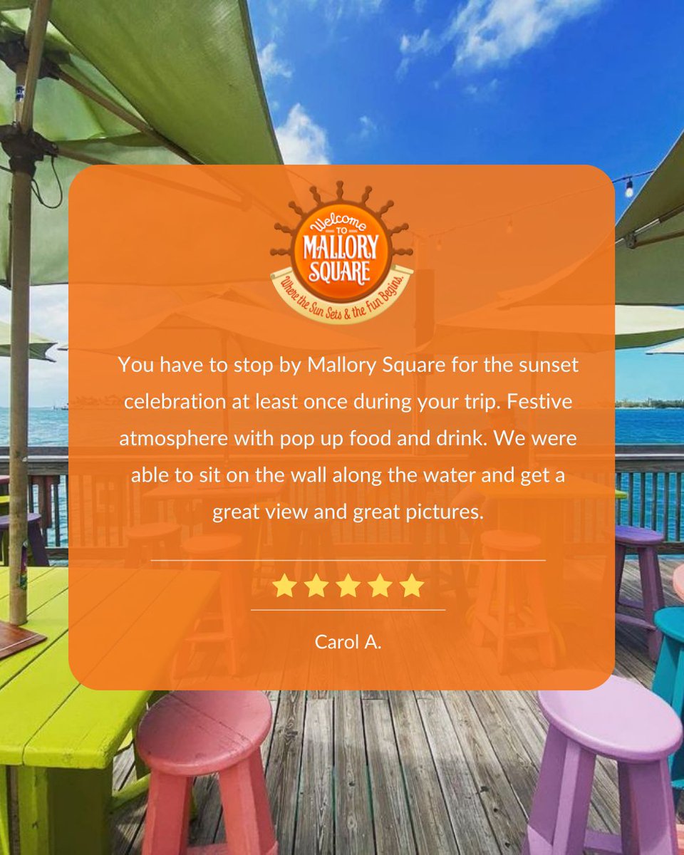 Thank you, Carol A., for sharing your wonderful experience at Mallory Square! We couldn't agree more — the Sunset Celebration is a must-do in Key West. Learn more about our nightly Sunset Celebration! ⬇️ buff.ly/41Ao5jW