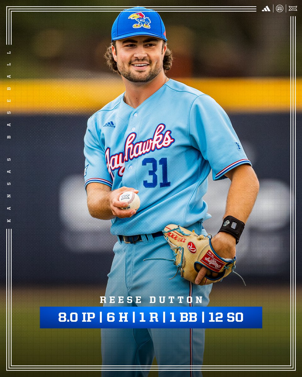 Kansas Baseball (@kubaseball) on Twitter photo A career day for our guy Dutts 😮💨
- 12 strikeouts (new career high)
- 6th straight win (most by a KU pitcher since at least 2003)
- 8.0 innings (tied career high)
#RockChalk x <a href="/reesedutts/">Reese Dutton</a> A career day for our guy Dutts 😮💨
- 12 strikeouts (new career high)
- 6th straight win (most by a KU pitcher since at least 2003)
- 8.0 innings (tied career high)
#RockChalk x <a href="/reesedutts/">Reese Dutton</a>