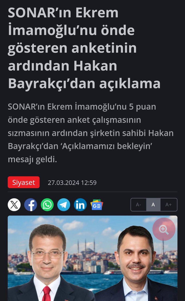 📌📌 Son Dakika: Bir haftadır anket sonucunu açıklayamayan Hakan Bayrakçı, İstanbul ile ilgili anket sonucunu Pazar akşamı açıklamaya karar vermiş 😆😆 @ahakanbayrakci @arastirmasonar 

📌📌 Hakan bey sığınmacılara da sorun belki Murat Kurum'un oy yüzdesi bir nebze olsun artar.